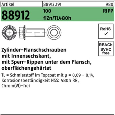 NOBRAND - Innensechskantschrauben mit Sperrrippen, Kl. 100 M12 x 30 flZn/nc/TL/x/480h/C